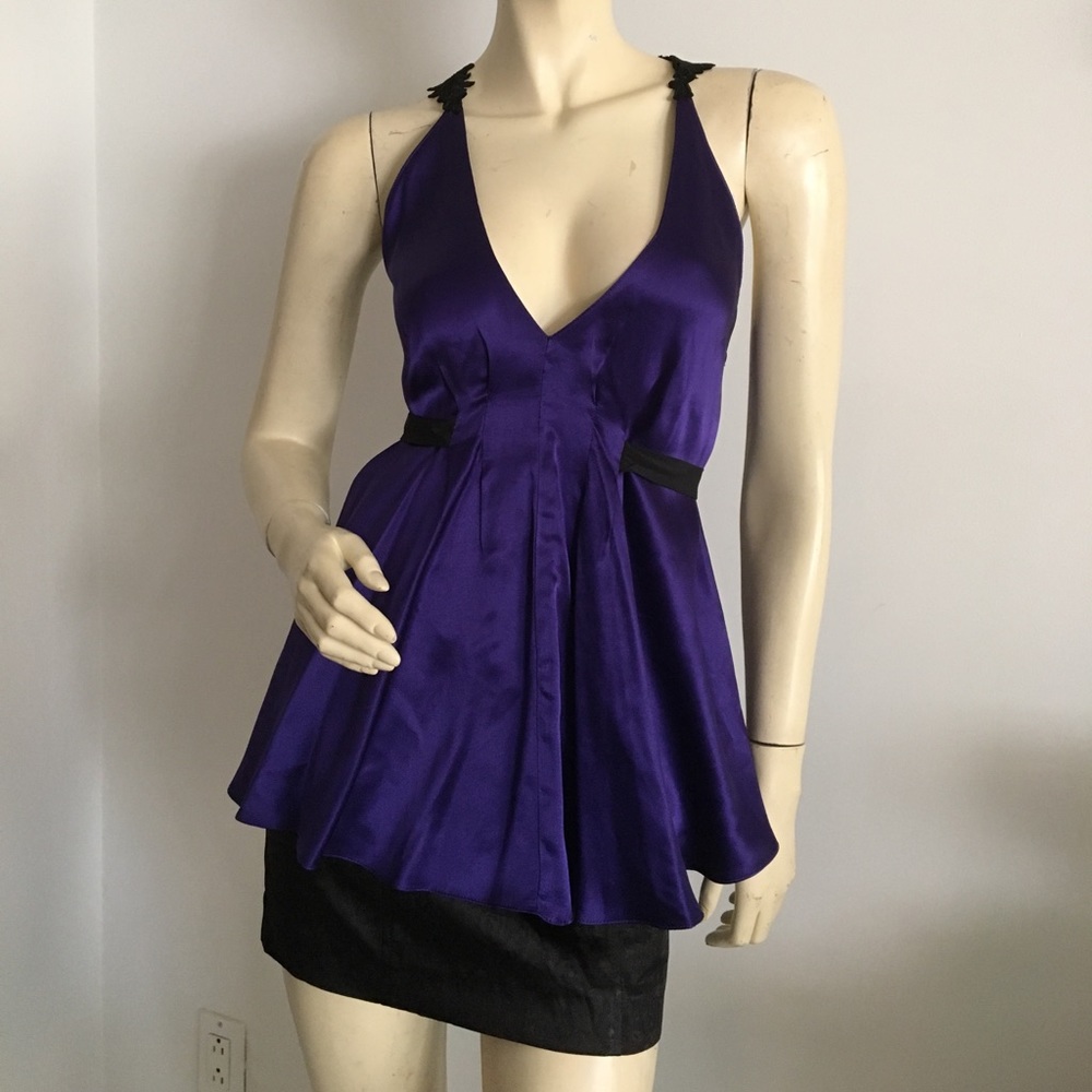 Dark Purple Silk flared tank with black crochet racerback